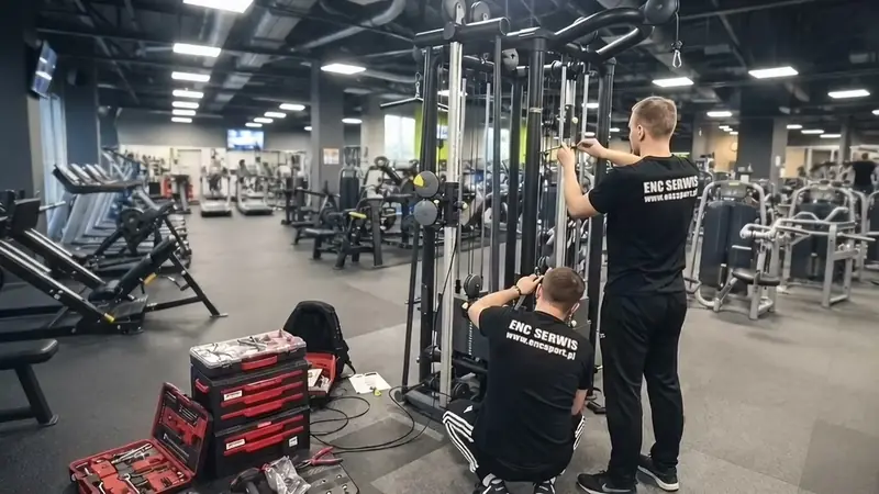 Serwisanci ENC SERWIS naprawiają bramę linową w klubie fitness